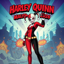 Harley Quinn movie poster, set to release in 2026, featuring a dynamic and colorful illustration of Harley Quinn