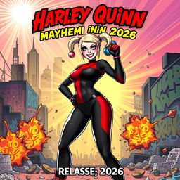 Harley Quinn movie poster, set to release in 2026, featuring a dynamic and colorful illustration of Harley Quinn