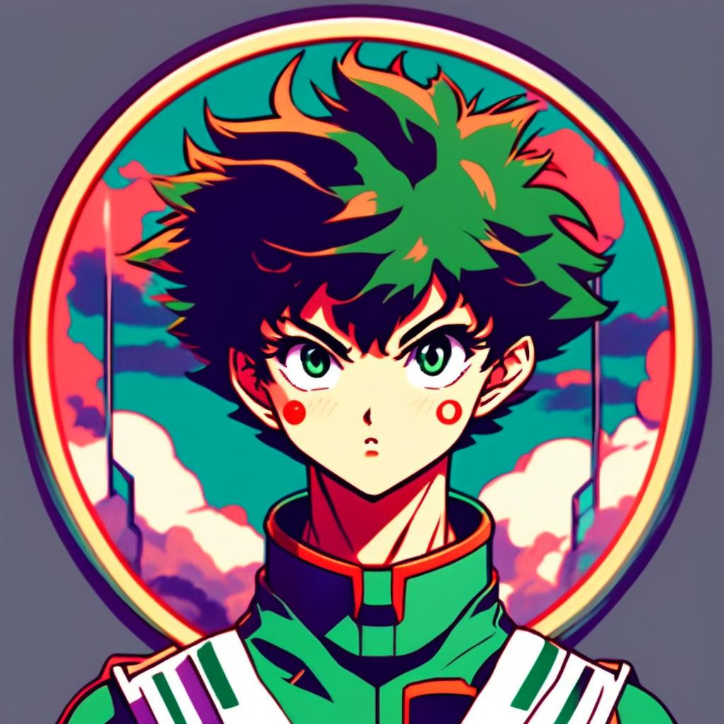 Intense retro anime-style profile picture of Izuku Midoriya in the style of Neon Genesis Evangelion, encased within a circular border.