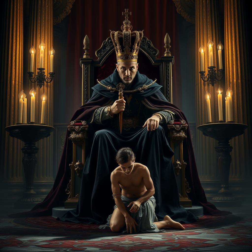 A dramatic depiction of power dynamics and servitude, showcasing a powerful regal figure on a throne surrounded by opulence, draped in dark velvet robes and an ornate crown