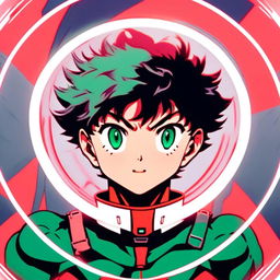 Intense retro anime-style profile picture of Izuku Midoriya in the style of Neon Genesis Evangelion, encased within a circular border.