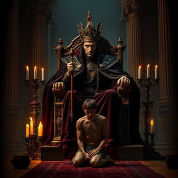 A dramatic depiction of power dynamics and servitude, showcasing a powerful regal figure on a throne surrounded by opulence, draped in dark velvet robes and an ornate crown