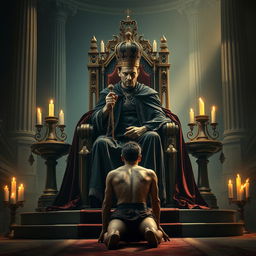 A dramatic depiction of power dynamics and servitude, showcasing a powerful regal figure on a throne surrounded by opulence, draped in dark velvet robes and an ornate crown