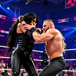 A dynamic wrestling match scene featuring AEW wrestlers Saraya and Jamie Hayter in the ring