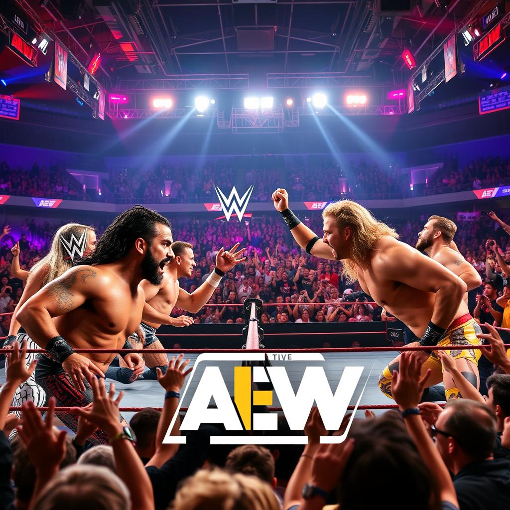 Epic showdown between WWE and AEW wrestling superstars, in a vibrant wrestling arena filled with enthusiastic fans