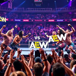 Epic showdown between WWE and AEW wrestling superstars, in a vibrant wrestling arena filled with enthusiastic fans