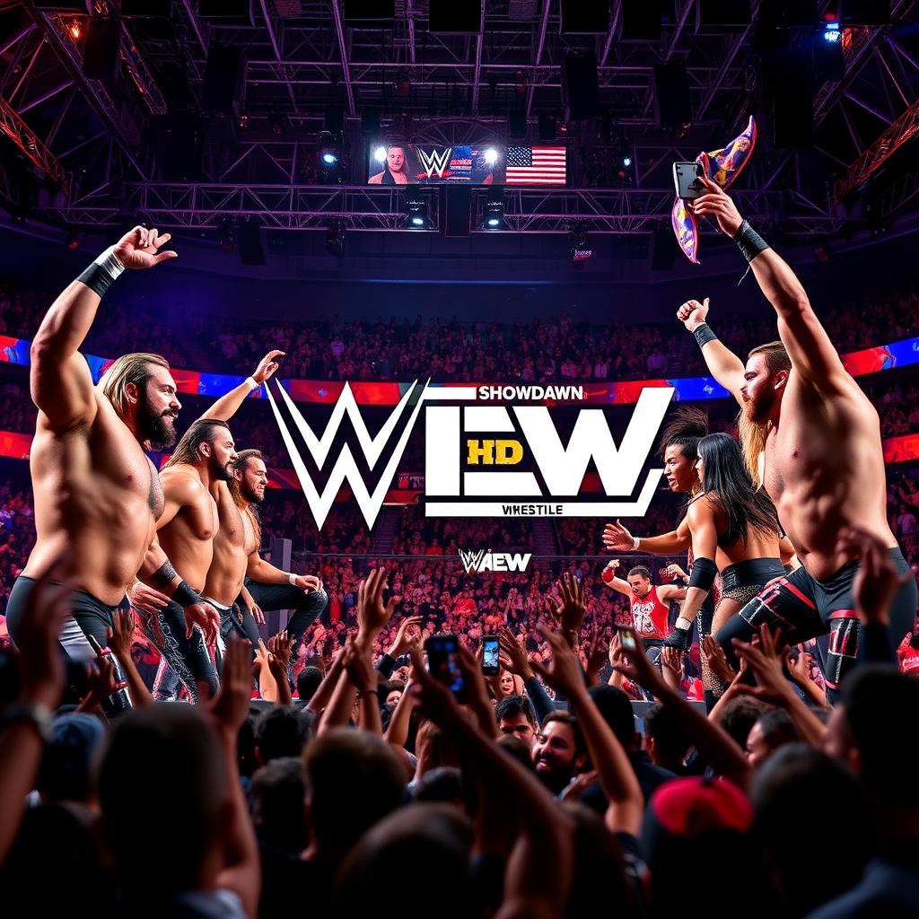 Epic showdown between WWE and AEW wrestling superstars, in a vibrant wrestling arena filled with enthusiastic fans