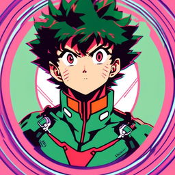 Intense retro anime-style profile picture of Izuku Midoriya in the style of Neon Genesis Evangelion, encased within a circular border.