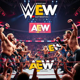 Epic showdown between WWE and AEW wrestling superstars, in a vibrant wrestling arena filled with enthusiastic fans