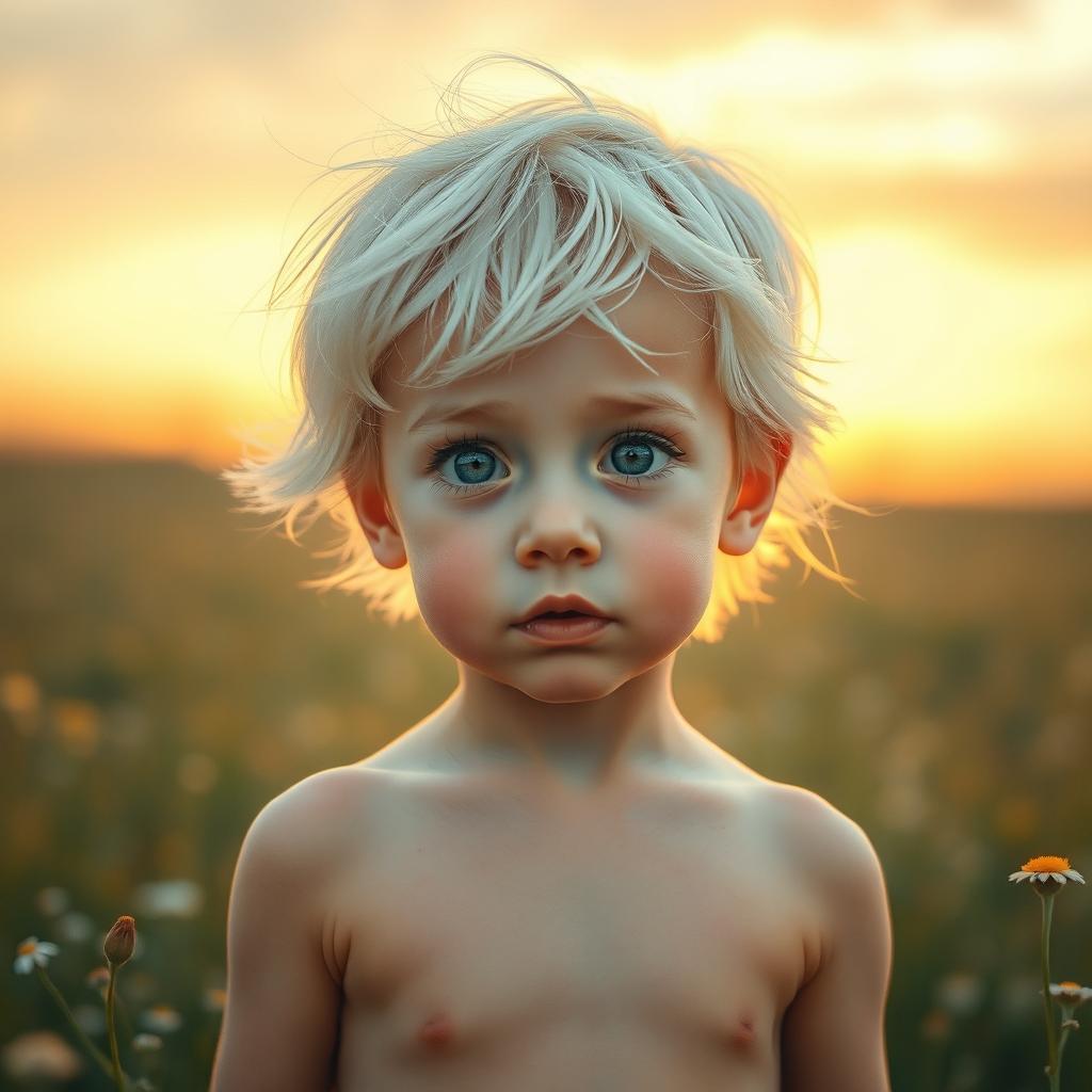 A young boy with light skin and white hair, standing in a serene landscape