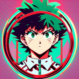 Intense retro anime-style profile picture of Izuku Midoriya in the style of Neon Genesis Evangelion, encased within a circular border.