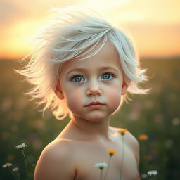 A young boy with light skin and white hair, standing in a serene landscape