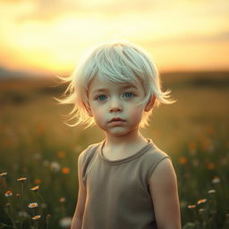 A young boy with light skin and white hair, standing in a serene landscape