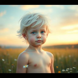 A young boy with light skin and white hair, standing in a serene landscape