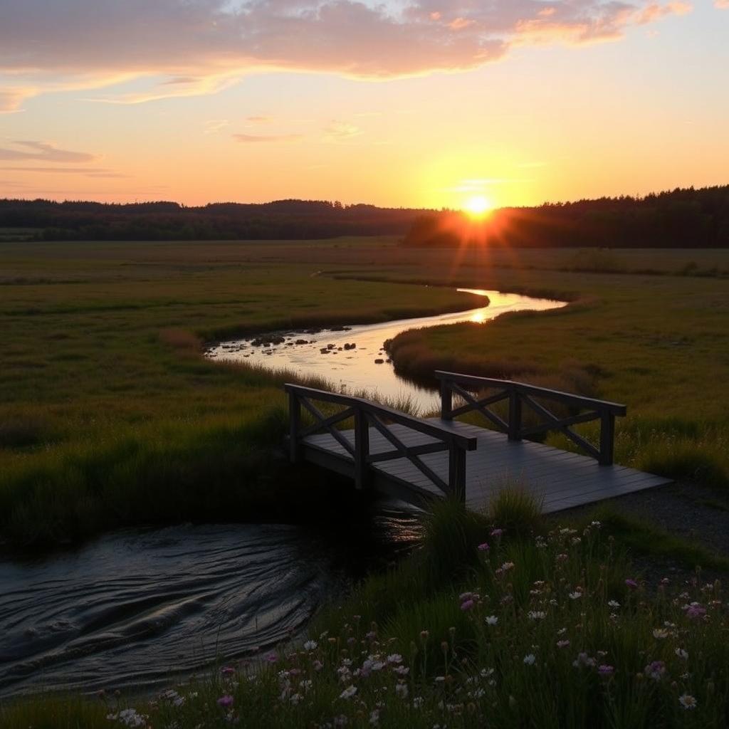 A serene landscape at sunset with a gentle river flowing through a vast, open field