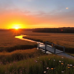 A serene landscape at sunset with a gentle river flowing through a vast, open field