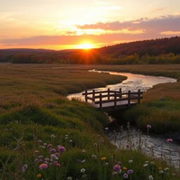 A serene landscape at sunset with a gentle river flowing through a vast, open field