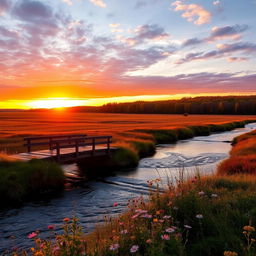 A serene landscape at sunset with a gentle river flowing through a vast, open field