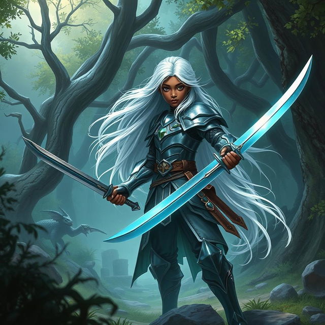 A young Black male boy, embodying the spirit of a Dungeons & Dragons fighter, with long white hair flowing majestically