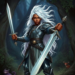 A young Black male boy, embodying the spirit of a Dungeons & Dragons fighter, with long white hair flowing majestically