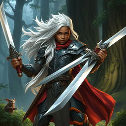 A young Black male boy, embodying the spirit of a Dungeons & Dragons fighter, with long white hair flowing majestically