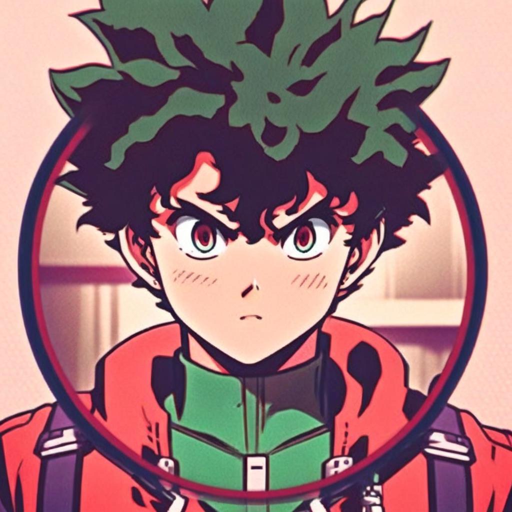 Intense anime-style profile picture of Izuku Midoriya with a retro filter, encased within a circular border.