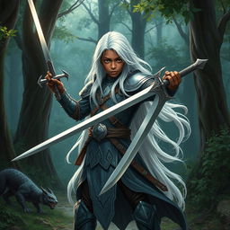 A young Black male boy, embodying the spirit of a Dungeons & Dragons fighter, with long white hair flowing majestically