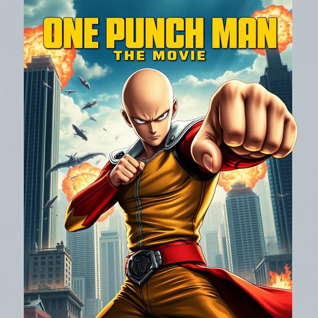 A dramatic movie poster for "One Punch Man: The Movie" featuring Saitama, the main character