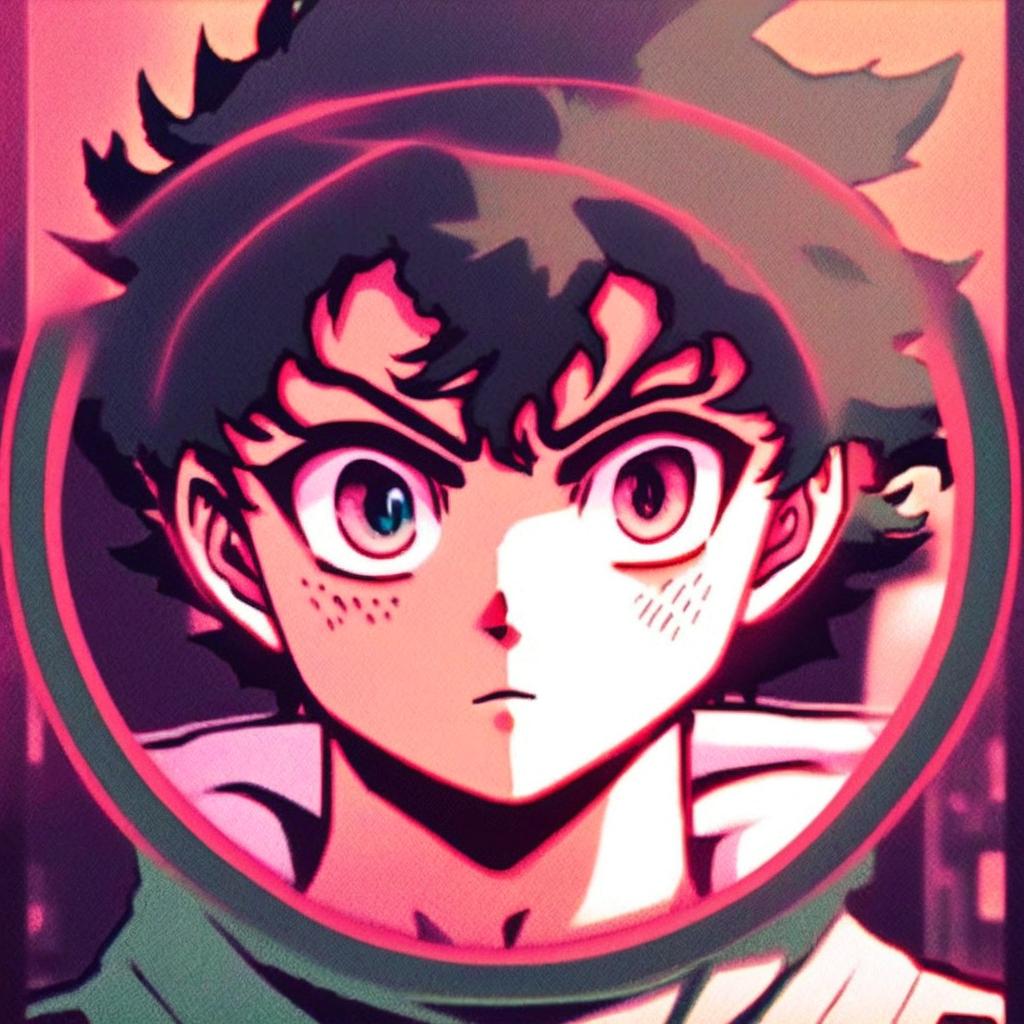 Intense anime-style profile picture of Izuku Midoriya with a retro filter, encased within a circular border.