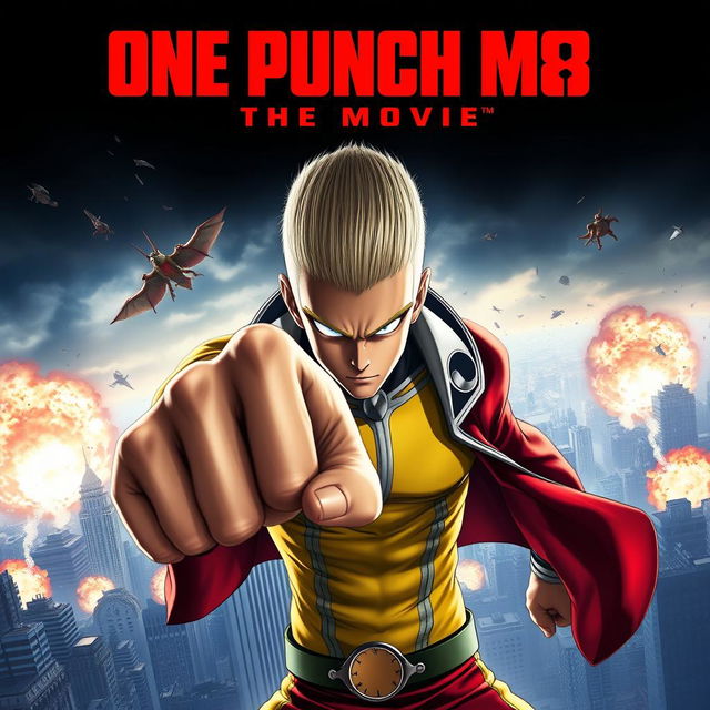 A dramatic movie poster for "One Punch Man: The Movie" featuring Saitama, the main character