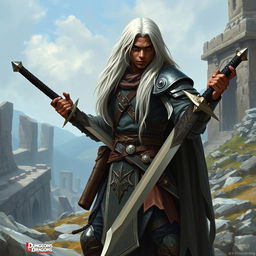 A Black young man, characterized by his striking long white hair, embodies a fierce Dungeons & Dragons fighter