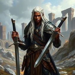 A Black young man, characterized by his striking long white hair, embodies a fierce Dungeons & Dragons fighter