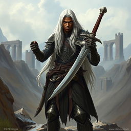 A Black young man, characterized by his striking long white hair, embodies a fierce Dungeons & Dragons fighter