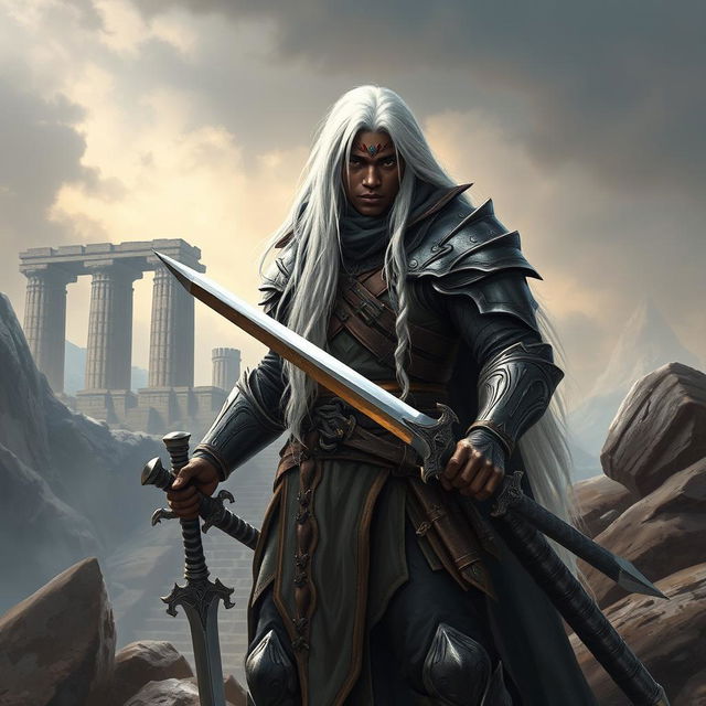 A Black young man, characterized by his striking long white hair, embodies a fierce Dungeons & Dragons fighter