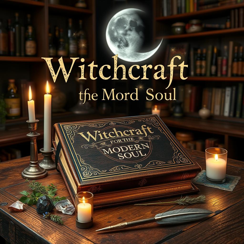 A mystical book of spells titled "Witchcraft for the Modern Soul: Spells for an Abundant Life", featuring a moon in the background