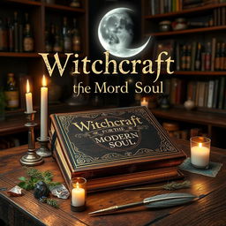 A mystical book of spells titled "Witchcraft for the Modern Soul: Spells for an Abundant Life", featuring a moon in the background