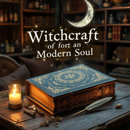 A mystical book of spells titled "Witchcraft for the Modern Soul: Spells for an Abundant Life", featuring a moon in the background