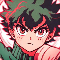 Intense anime-style profile picture of Izuku Midoriya with a retro filter, encased within a circular border.