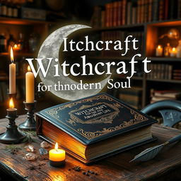 A mystical book of spells titled "Witchcraft for the Modern Soul: Spells for an Abundant Life", featuring a moon in the background