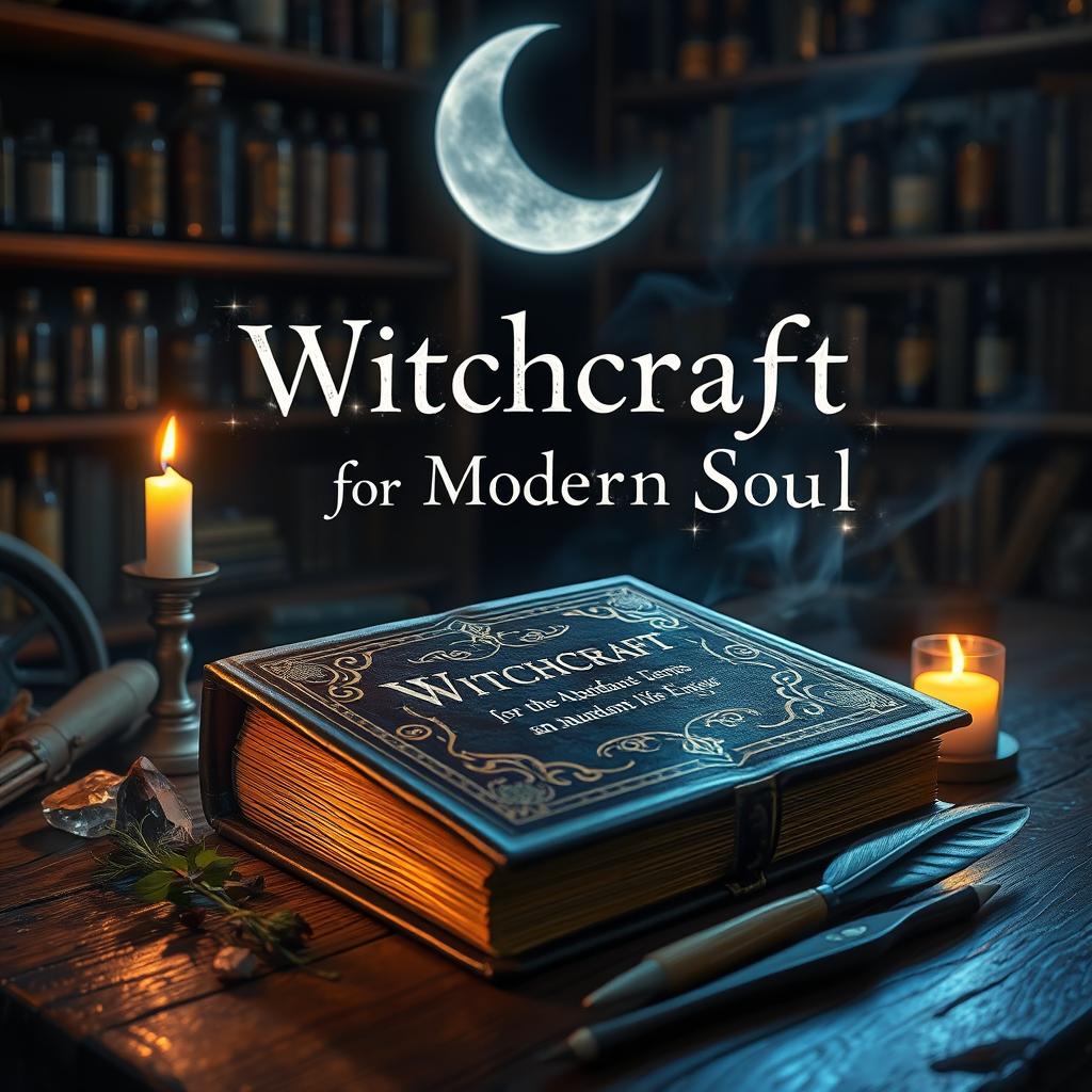 A mystical book of spells titled "Witchcraft for the Modern Soul: Spells for an Abundant Life", featuring a moon in the background