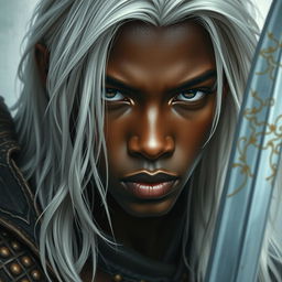 Close-up of a Black young man's face, with long, striking white hair cascading elegantly