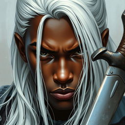 Close-up of a Black young man's face, with long, striking white hair cascading elegantly