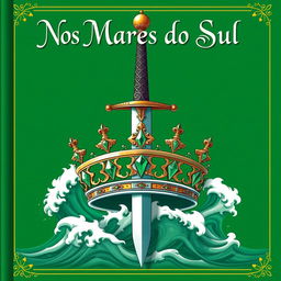 A majestic emerald-colored book cover illustration featuring a sword piercing through a regal crown