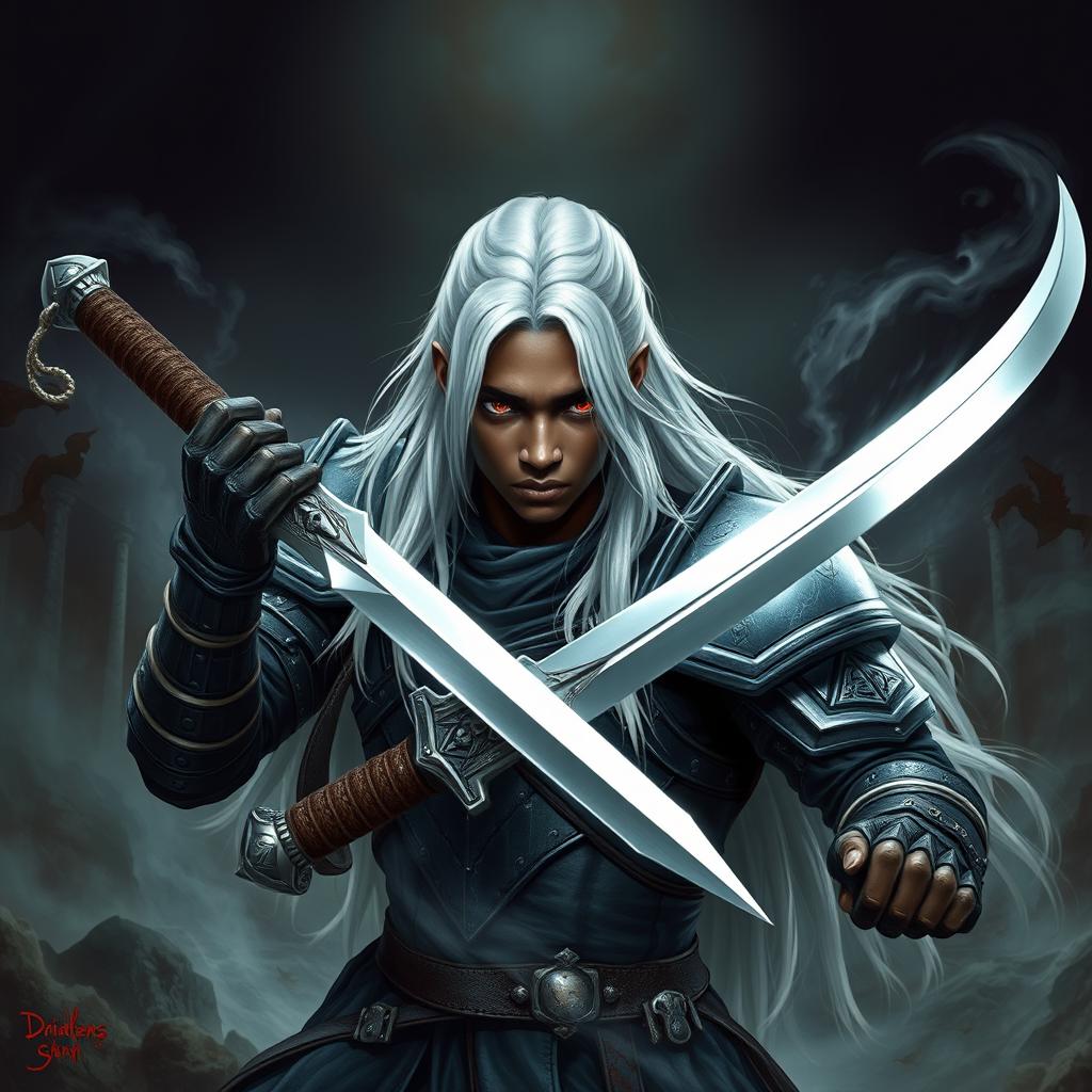 A Black young man with captivating long white hair and piercing dark red eyes, depicted as a formidable Dungeons & Dragons fighter