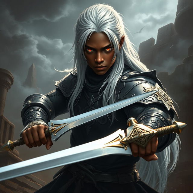 A Black young man with captivating long white hair and piercing dark red eyes, depicted as a formidable Dungeons & Dragons fighter