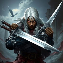 A Black young man with captivating long white hair and piercing dark red eyes, depicted as a formidable Dungeons & Dragons fighter