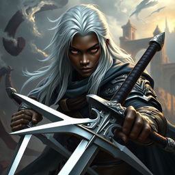 A Black young man with captivating long white hair and piercing dark red eyes, depicted as a formidable Dungeons & Dragons fighter