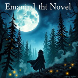 An enchanting, magical novel cover featuring a large, luminous moon prominently displayed in the night sky