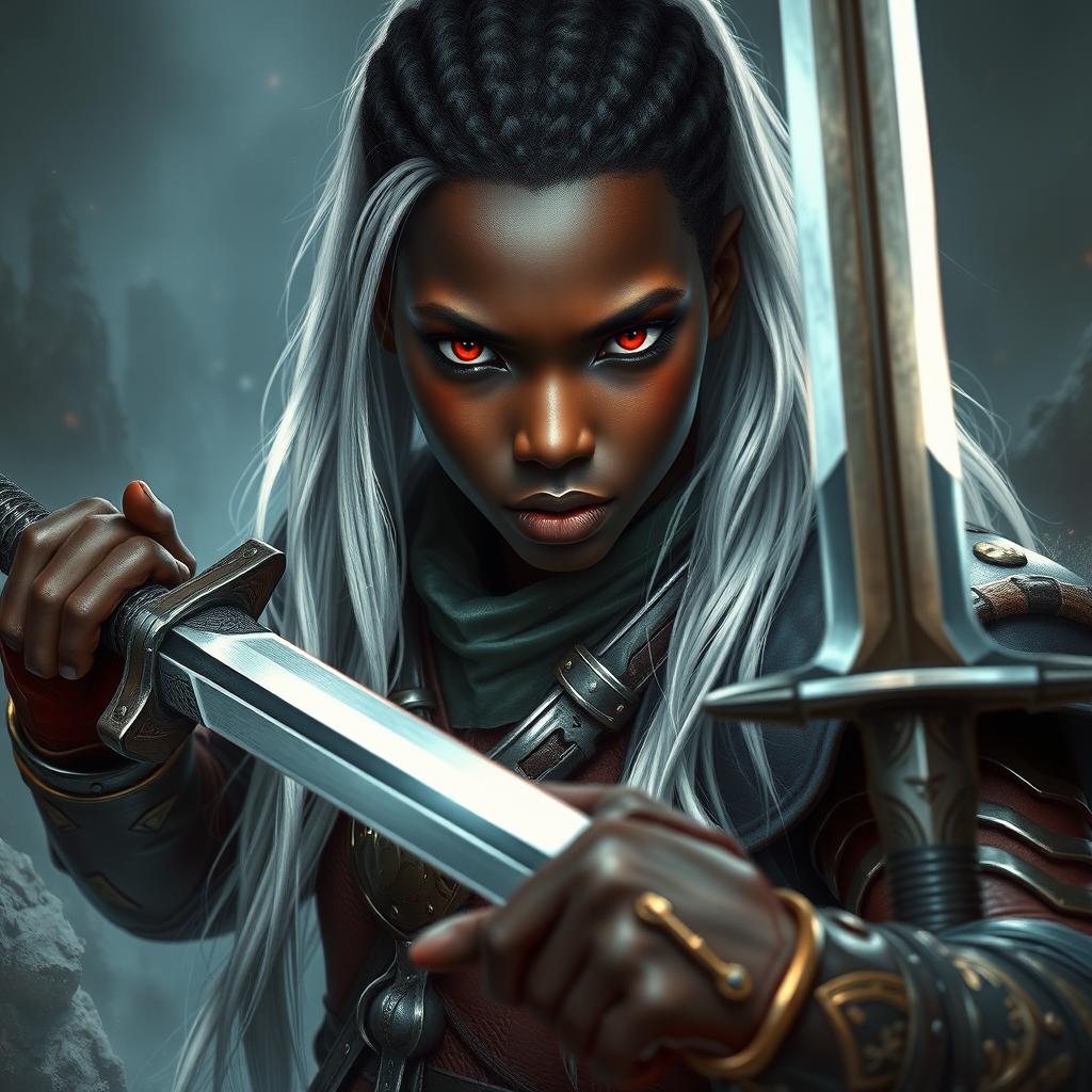 A Black young man with striking long white hair and intense dark red eyes, depicted as a powerful Dungeons & Dragons fighter