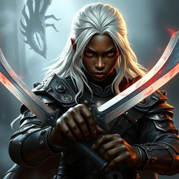 A Black young man with striking long white hair and intense dark red eyes, depicted as a powerful Dungeons & Dragons fighter